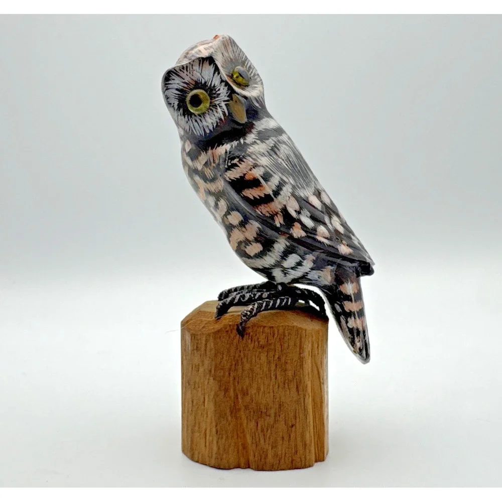 Hand Carved Wood Owl Sculpture Bird on Branch Hand Painted 4.25